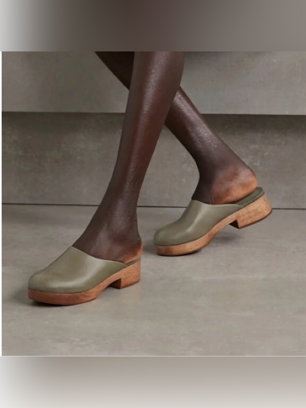 The Frankie Shop Olive Green Leather Clog Mules with Wood Platform